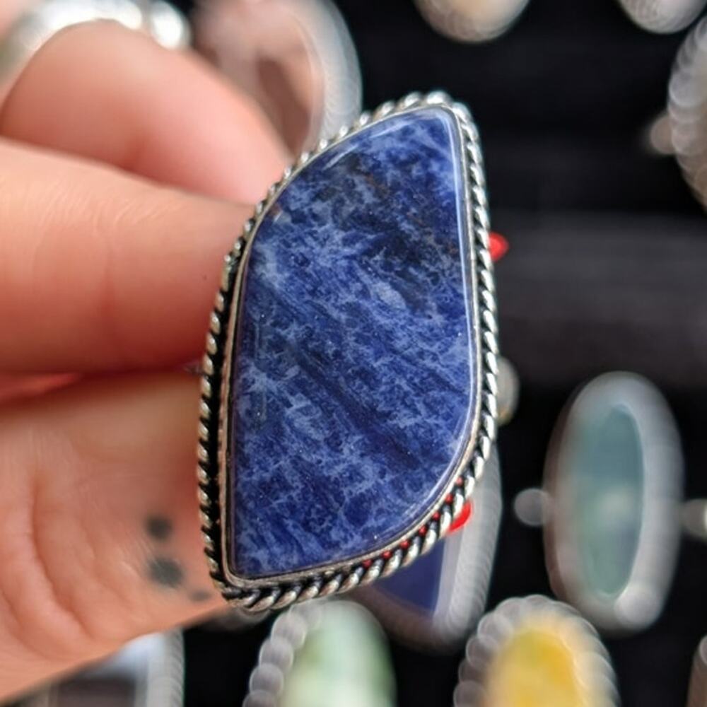 Vintage Silver Chunky Statement Ring Sz 9.5 Navy Blue Moody Groovy Southwest